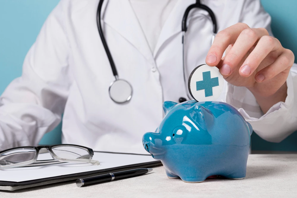 Healthcare professional with stethoscope and piggy bank symbolizing costs at USCIS-approved clinic in Houston