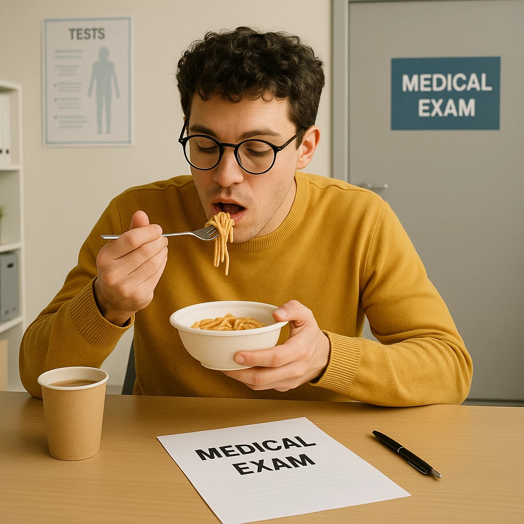 Patient eating before USCIS-approved immigration medical exam in Houston clinic