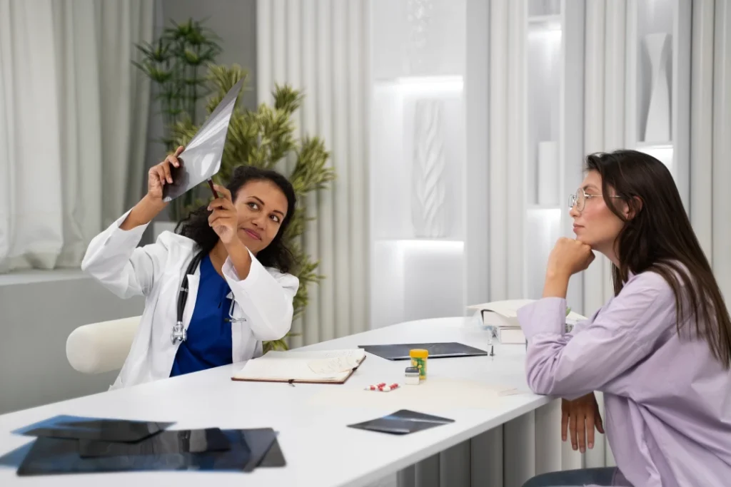 Immigration doctor Houston reviews patient records with stethoscope in a welcoming medical office setting.
