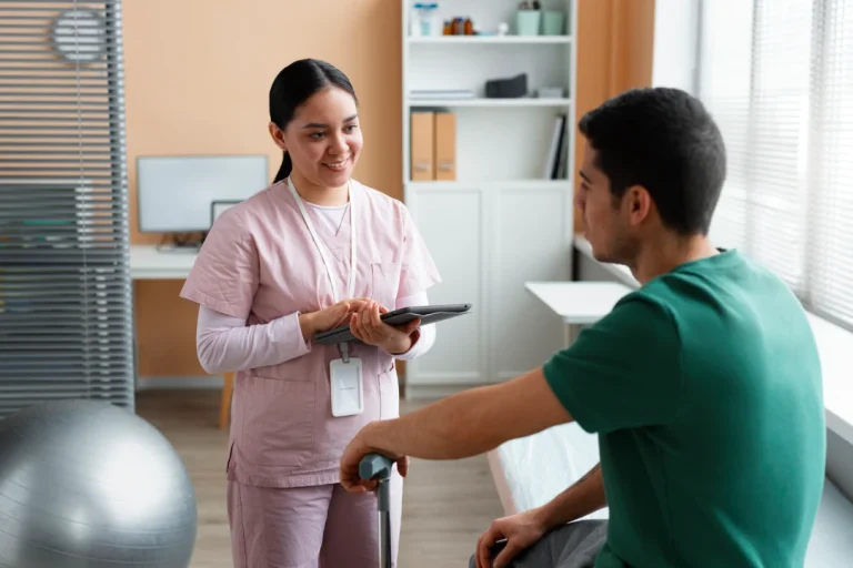 Nurse discusses health with patient using tablet and cane in clinic during immigration medical physical examination.