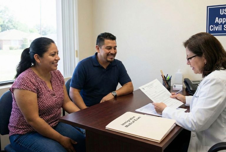 A couple consults with a USCIS approved civil surgeon doctor about their immigration medical exam paperwork in Houston.