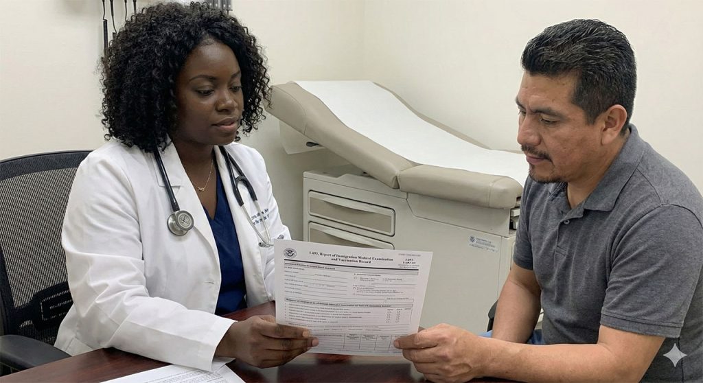 Doctor discussing I-693 immigration medical examination and vaccination record with patient in Houston clinic, affordable and reliable service for green card applicants.
