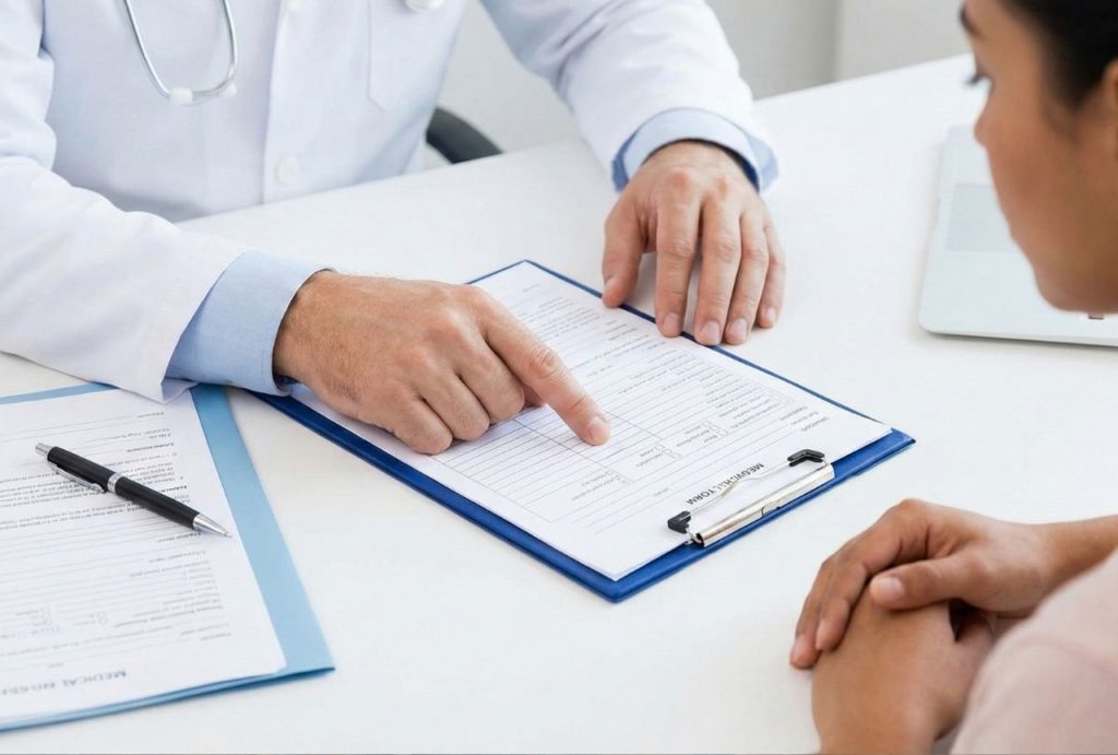 Doctor's hand points to and explains the paperwork for an immigration medical exam on a clipboard in Houston.