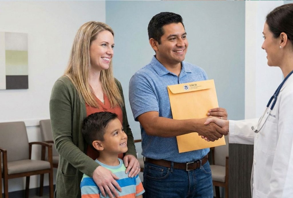 Family shakes hands with a doctor in Houston after their immigration medical exam appointment. Man holds an envelope.