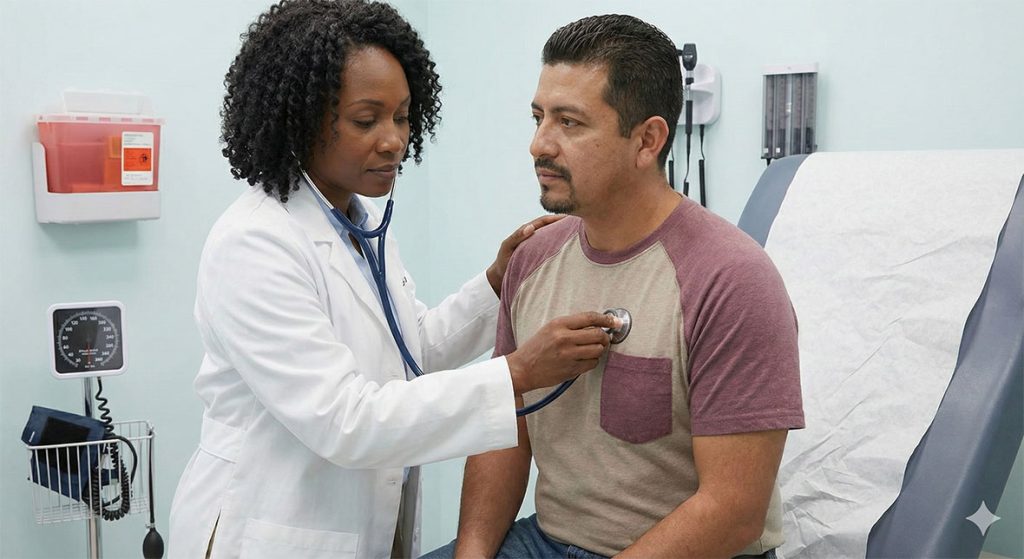 Female physician using stethoscope to examine patient chest at cheapest immigration medical exam Houston clinic, thorough USCIS-approved health check.