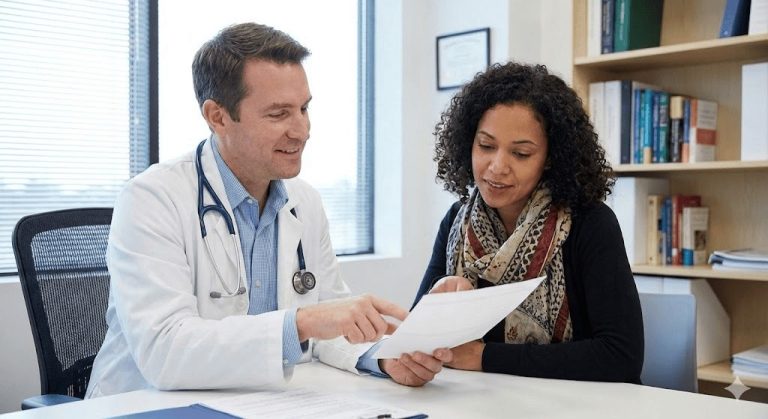 Immigration doctor Houston explains I-693 medical form requirements during patient consultation in clinic office