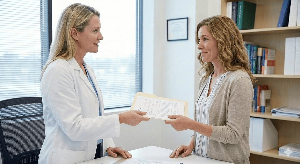 Immigration doctor Houston reviews patient documents during medical exam in certified clinic setting.