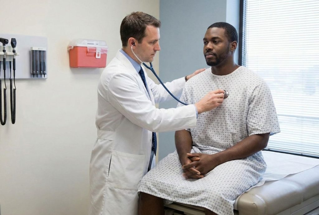 Male doctor listening to a patient's heart with a stethoscope during an immigration medical exam in Houston.