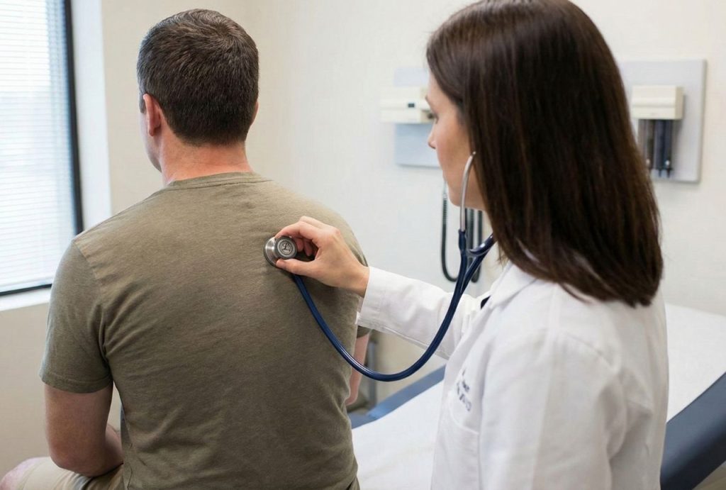 uscis immigration medical exam showing physician conducting physical exam with stethoscope for respiratory evaluation