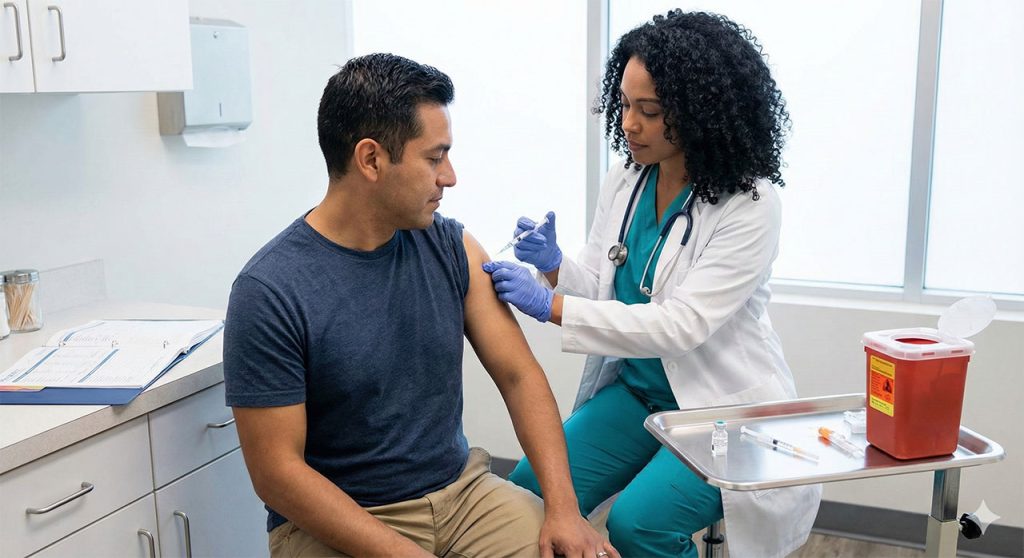 Professional nurse giving required vaccination at immigration exam clinic open now Houston – fast, friendly I-693 medical exams
