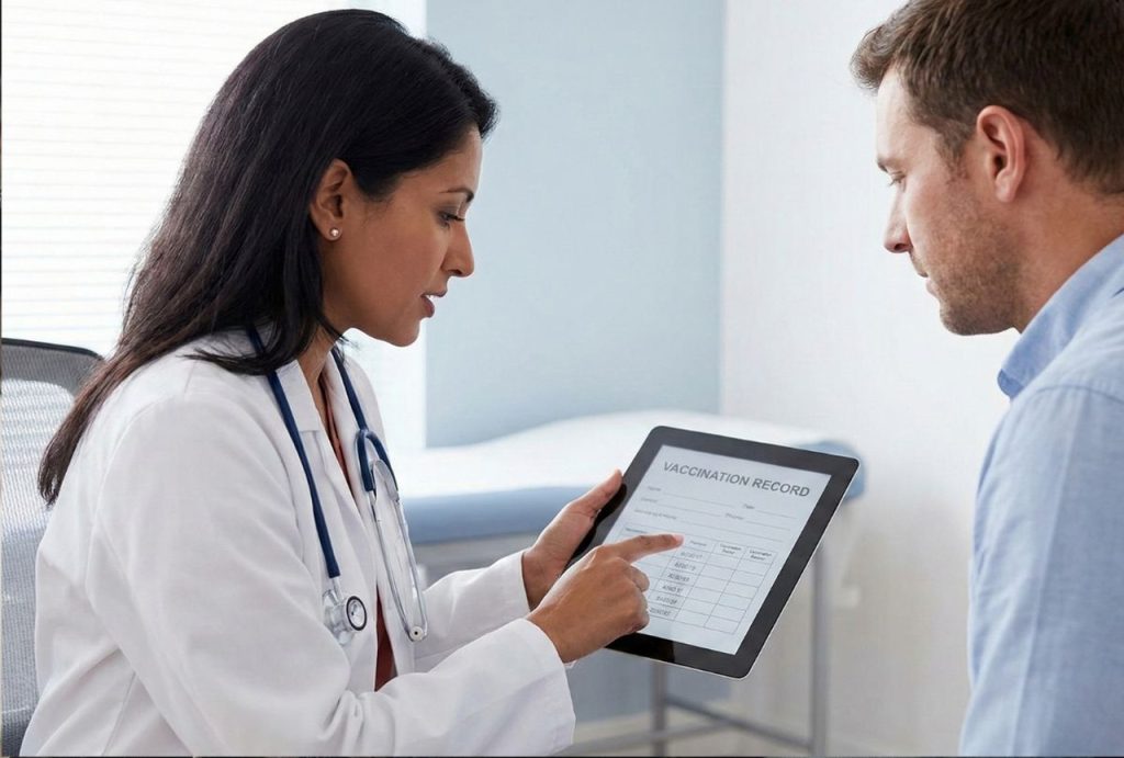 Green card medical exam doctor Houston reviewing vaccination record on a tablet with a male patient during a consultation.