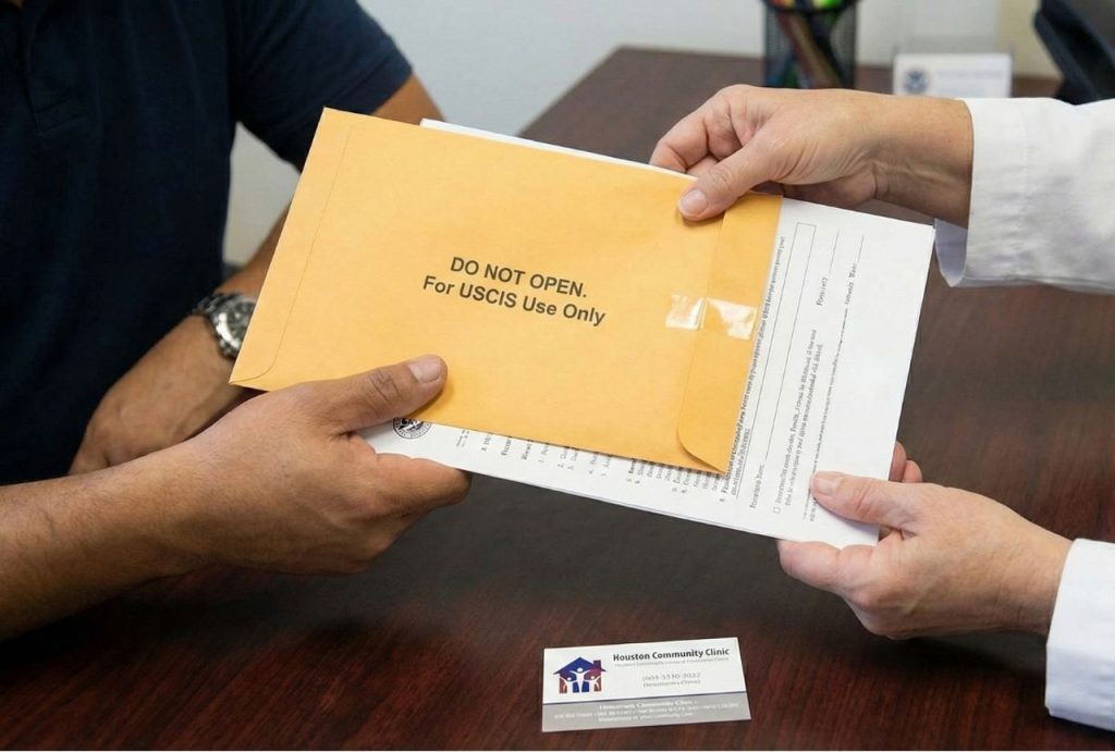 A patient receives a sealed USCIS envelope containing their immigration medical exam results from a doctor at a Houston clinic.