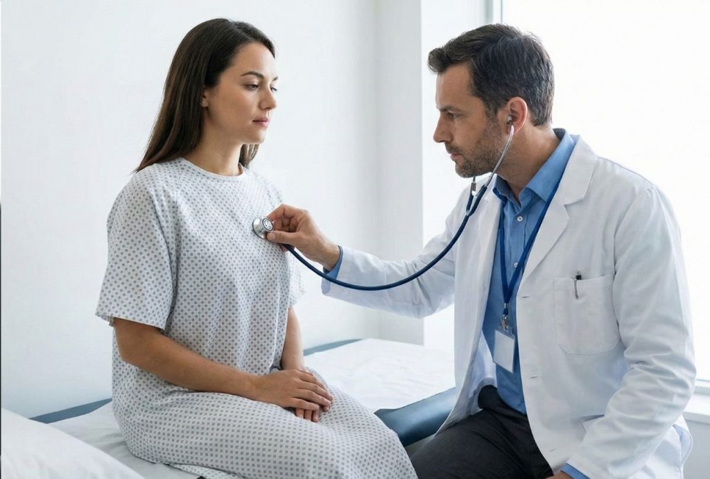 Green card medical exam doctor Houston using a stethoscope to listen to a female patient's heart during a physical exam.