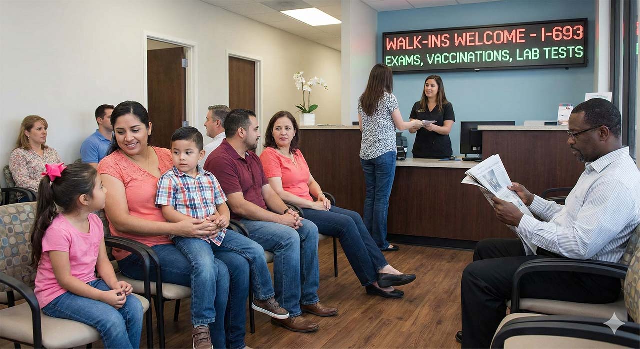 Welcoming waiting area with walk-ins welcome sign for I-693 exams at immigration exam clinic open now Houston – serving families