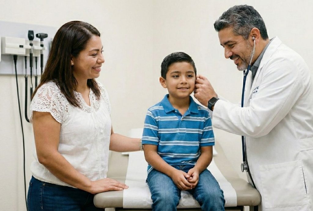 A doctor is examining a young boy's ear during what could be the cheapest immigration medical exam Houston