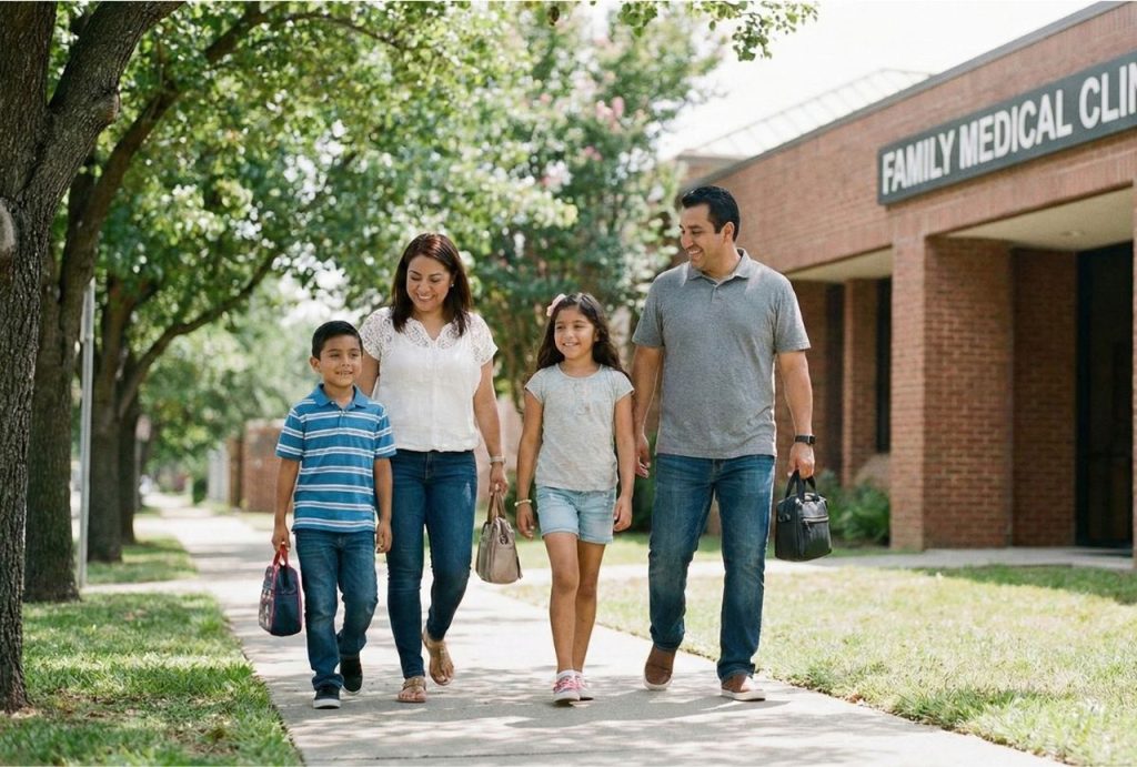 A family of four walking outside a Family Medical Clinic after their cheapest immigration medical exam Houston.