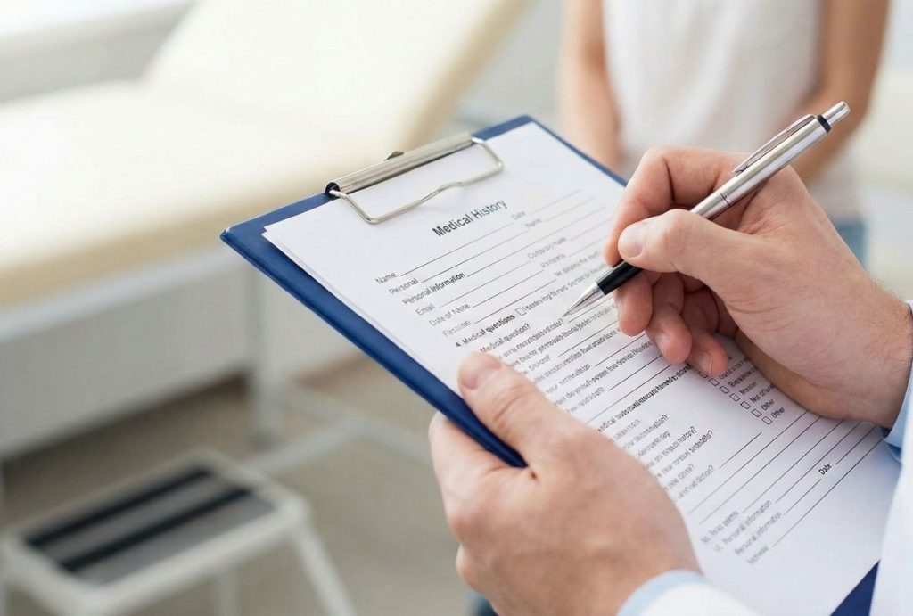 Close-up of a patient's hands filling out a medical history form on a clipboard at a clinic.