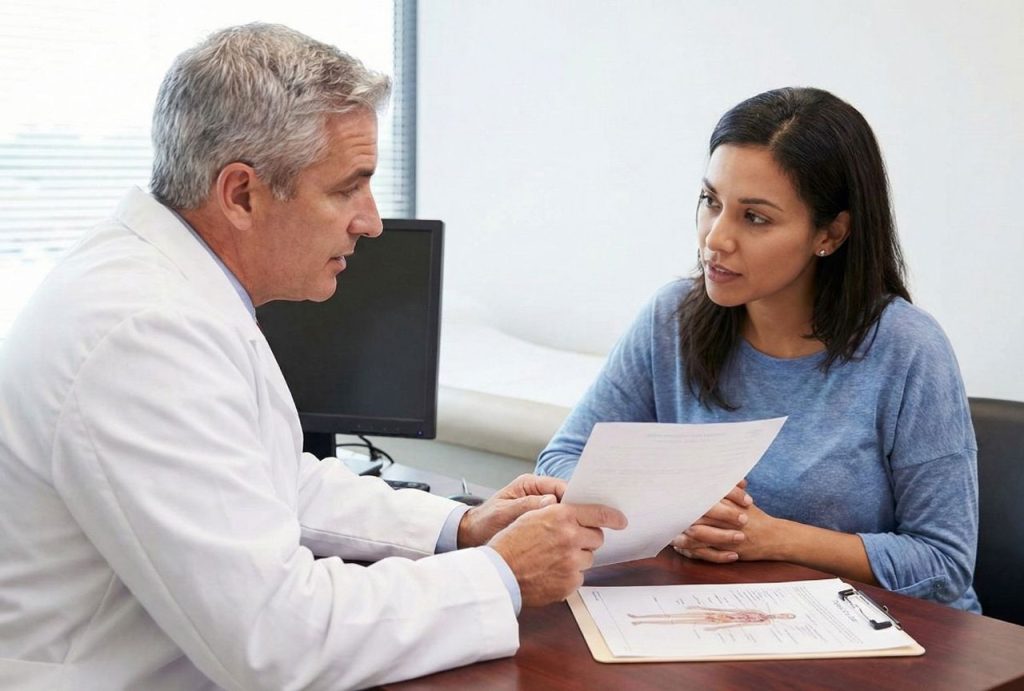 Doctor and patient discussing immigration medical exam forms in a clinic. This image represents a typical appointment for a cheapest immigration medical exam.
