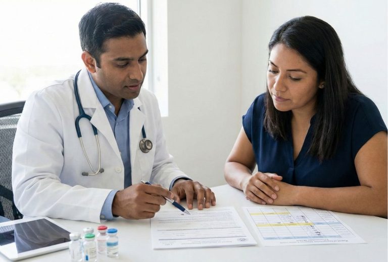 A doctor and patient in a Houston clinic review an I-693 medical exam form and vaccination chart.