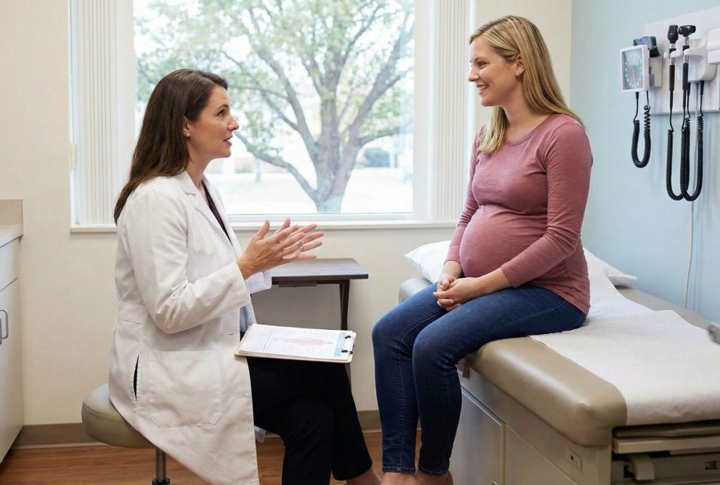 A female doctor explains the immigration medical exam process to a pregnant woman at an immigration exam clinic open now in Houston.