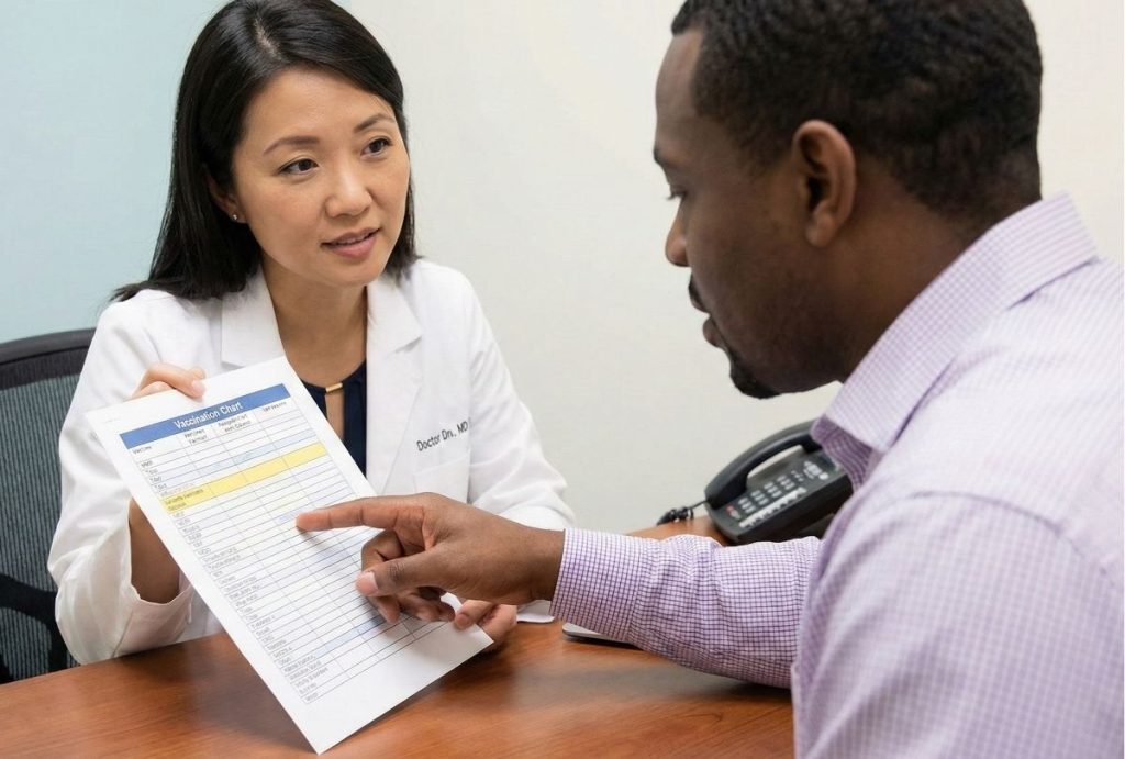 A doctor in Houston reviews a vaccination chart with a patient during an I-693 medical exam consultation.