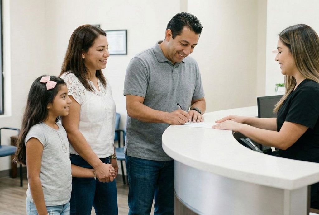 A family is signing paperwork at a clinic reception desk for the cheapest immigration medical exam Houston.