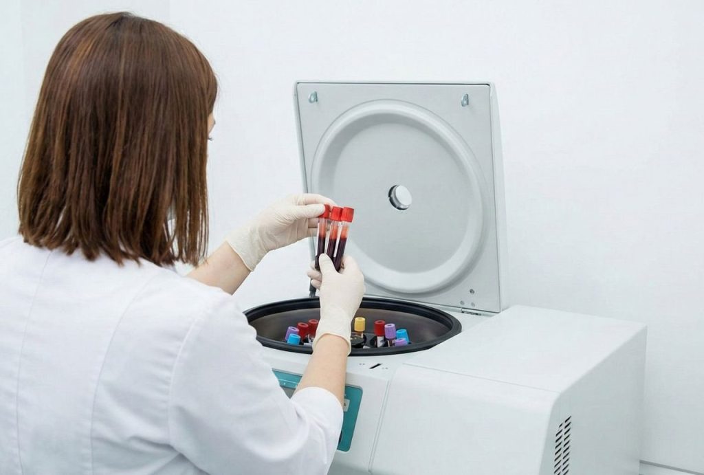 A lab technician in a white coat processing blood samples in a centrifuge. Lab tests like these are a standard part of a cheapest immigration medical exam.