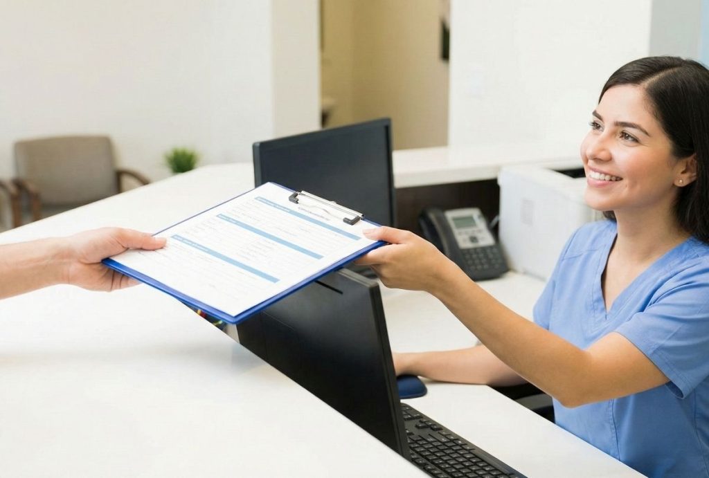 A patient hands completed medical forms to a receptionist at an immigration exam clinic open now in Houston.