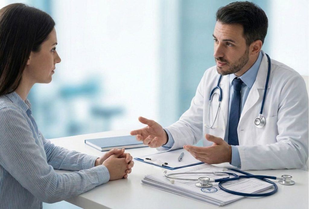 A professional immigration doctor Houston discusses the medical exam results and next steps with a female patient.