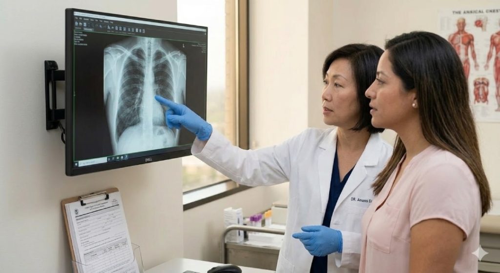 An applicant and an immigration doctor Houston review a digital chest x-ray during a required I-693 physical evaluation.
