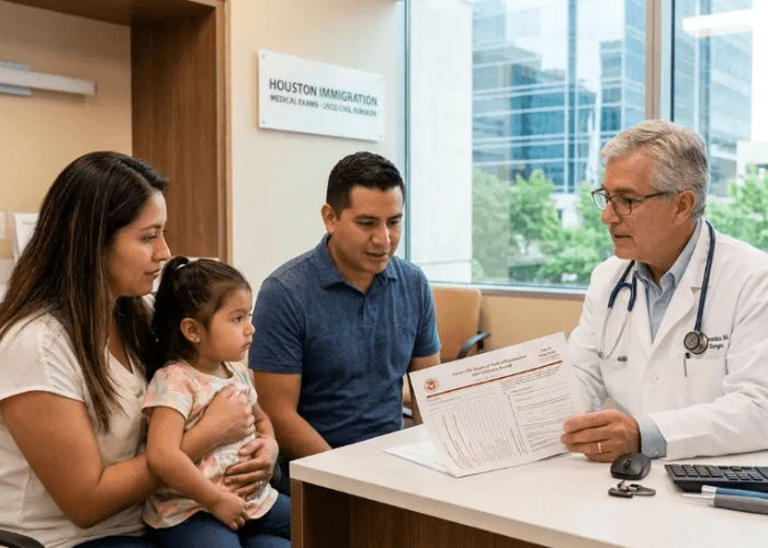 A certified USCIS Civil Surgeon reviews official forms with a family. Find an I 693 medical exam doctor Houston.