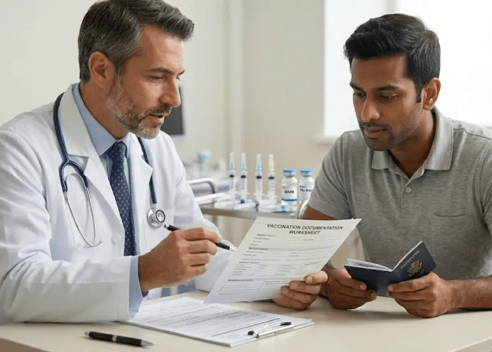 A doctor points to mandatory vaccination forms with vials and a passport on the desk for a uscis immigration medical exam.