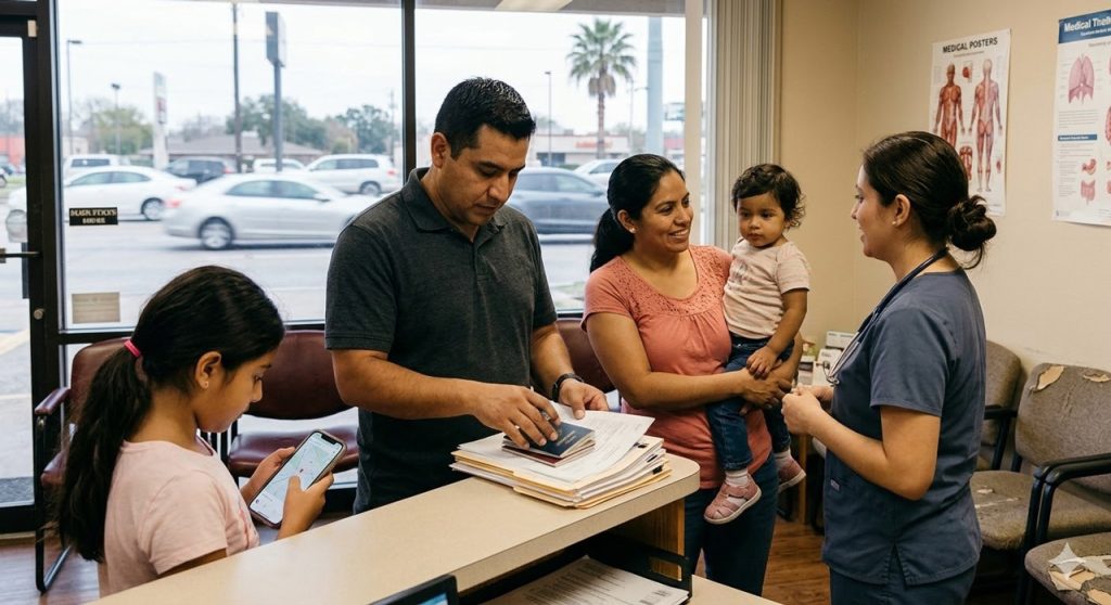 A family checks in at a clinic reception for the cheapest immigration medical exam Houston for residency.