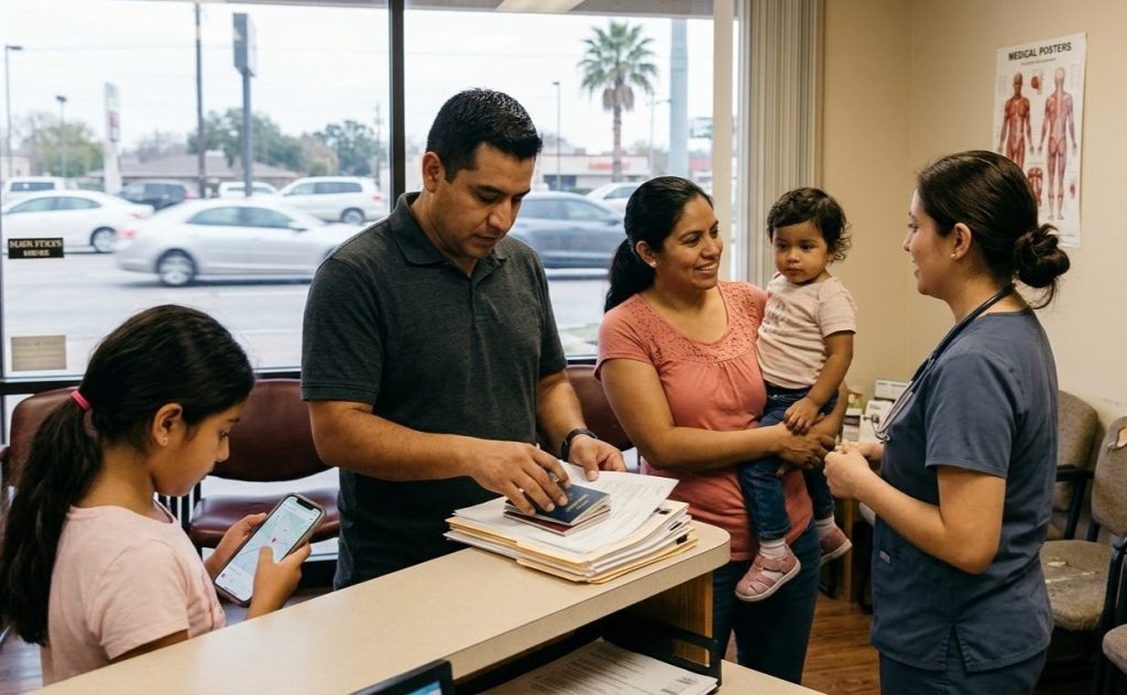 A family checks in at a clinic reception for the cheapest immigration medical exam Houston for residency.