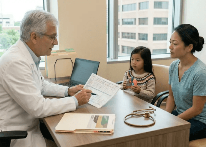 A family consults with an I 693 medical exam doctor Houston about immigration paperwork in a modern clinic.