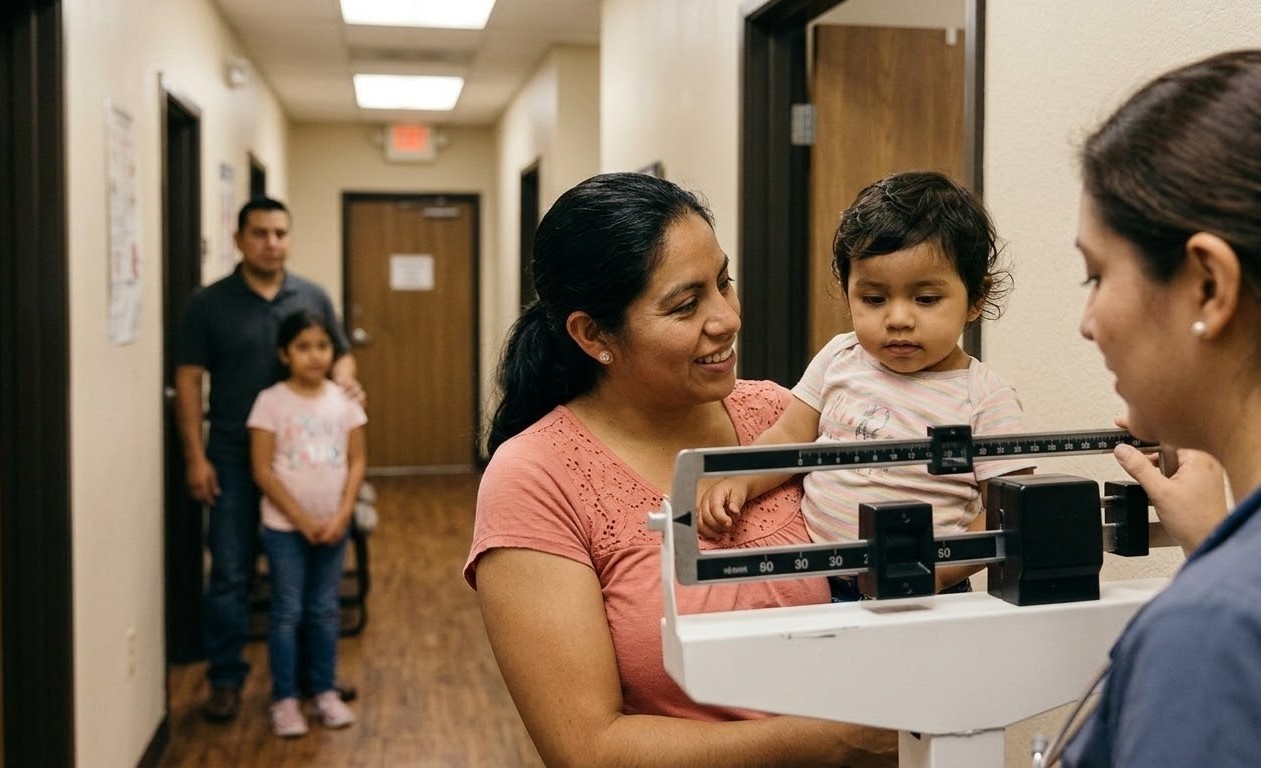 A family visits a clinic for the cheapest immigration medical exam Houston, with a toddler being weighed.