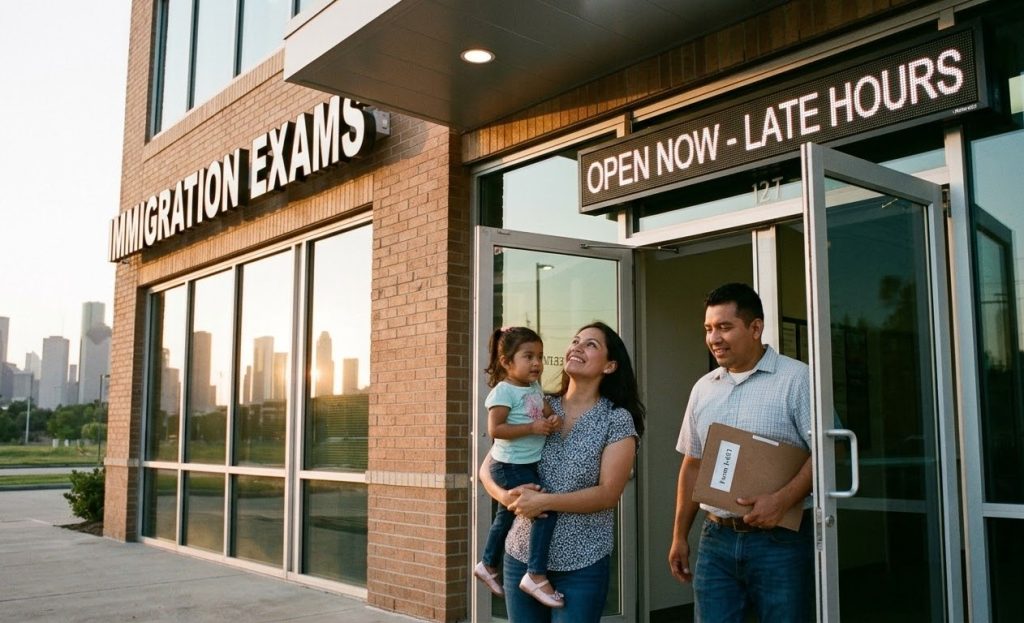 A happy immigrant family exits a Houston clinic at sunset, having completed their immigration exams during evening hours.