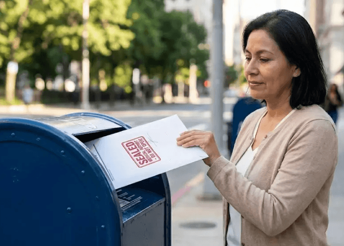 Hispanic woman drops a sealed medical report envelope into a mailbox, finalizing her uscis immigration medical exam.