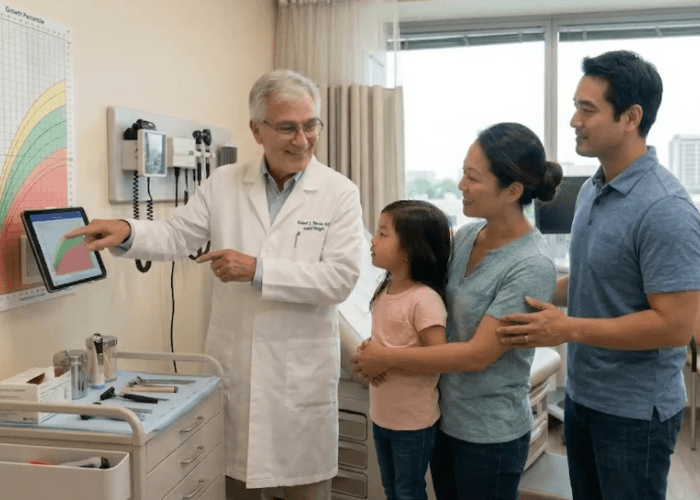 An I 693 medical exam doctor Houston reviews digital growth charts with a family during an immigration checkup.