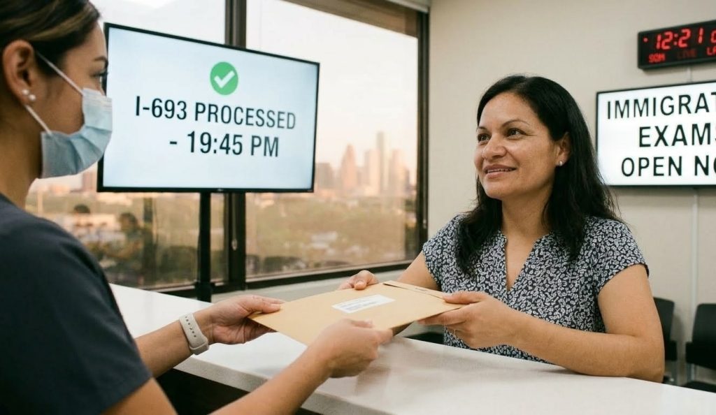 A happy Latina immigrant in Houston is relieved after finishing her mandatory exam at an immigration clinic open now.