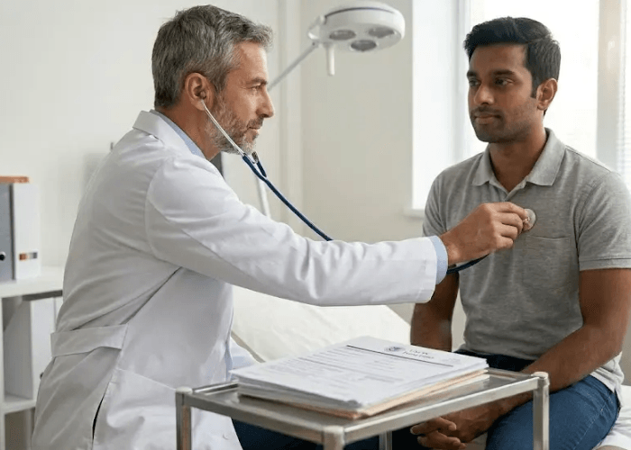 A male doctor in an office uses a stethoscope to examine a patient for his required uscis immigration medical exam.