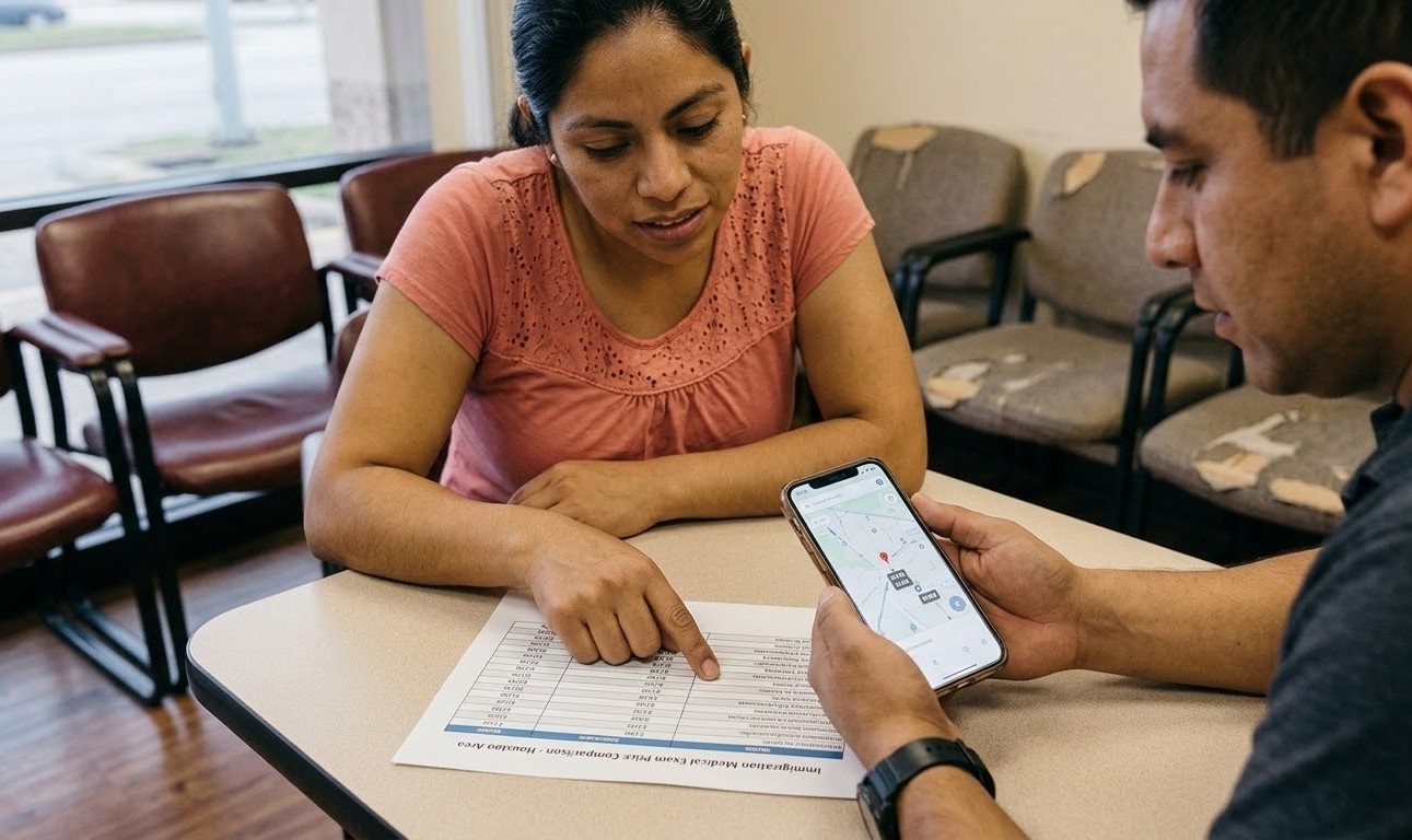 A man and woman compare prices for the cheapest immigration medical exam Houston using a phone and document.