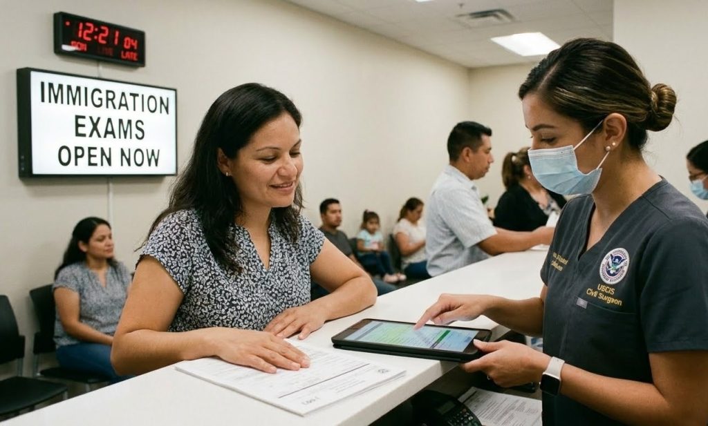 An efficient Houston immigration exam clinic open now, where medical staff is processing I-693 paperwork for a client.
