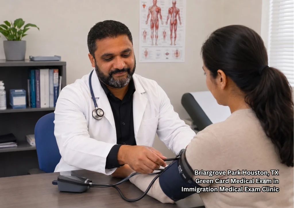 Doctor checking a patient's blood pressure as part of a green card medical exam in a calm, professional clinic