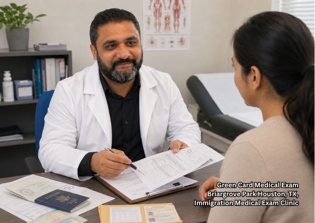 Doctor explaining paperwork and passport documents to a patient before a green card medical exam at the clinic