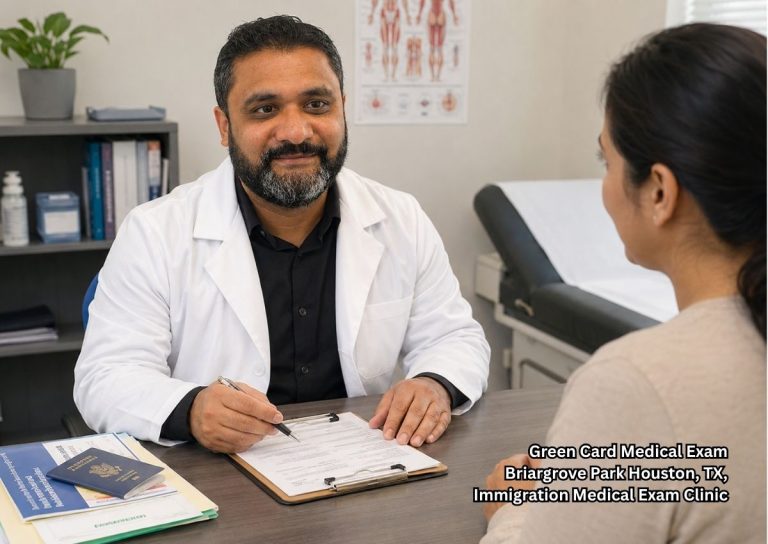 Doctor reviewing forms with patient during a green card medical exam consultation in a clean, professional clinic office