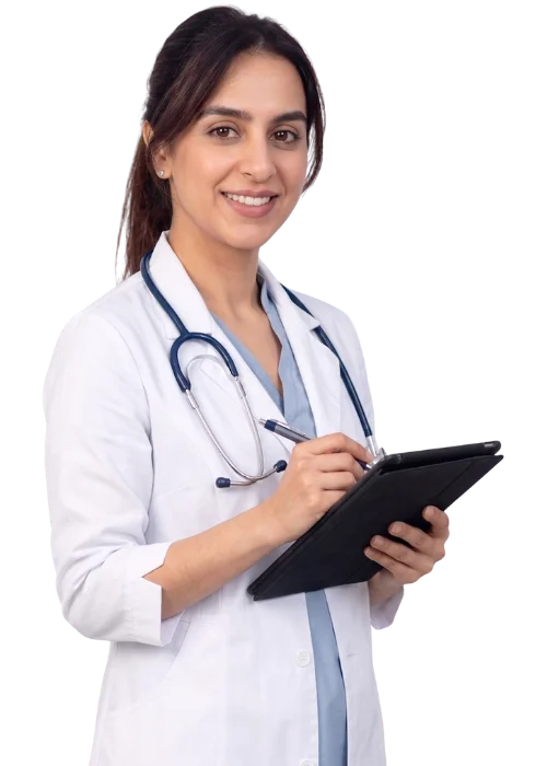 Smiling female doctor writing on a digital tablet for an immigration medical exam.