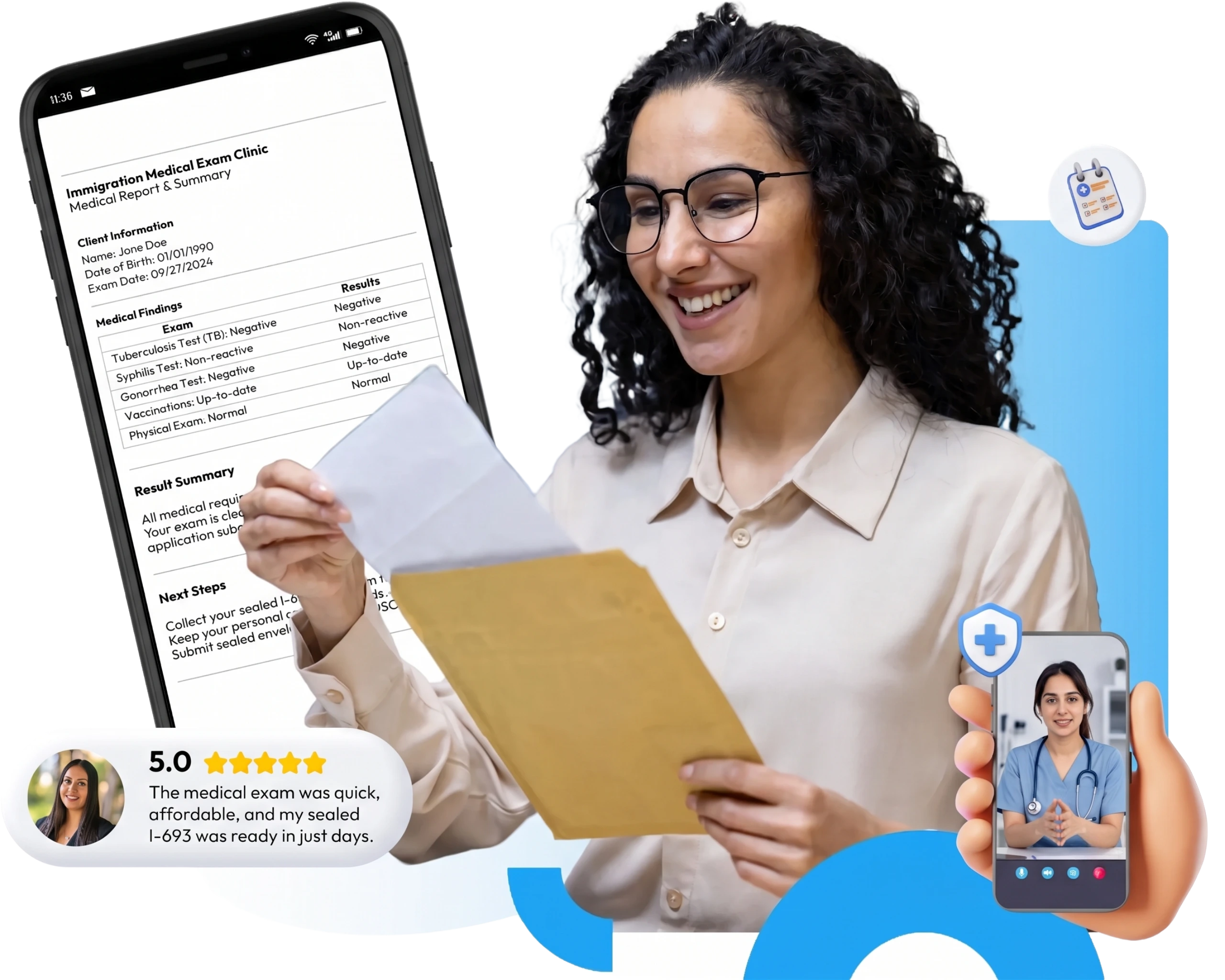 Happy woman opening her I-693 results from an immigration medical exam.