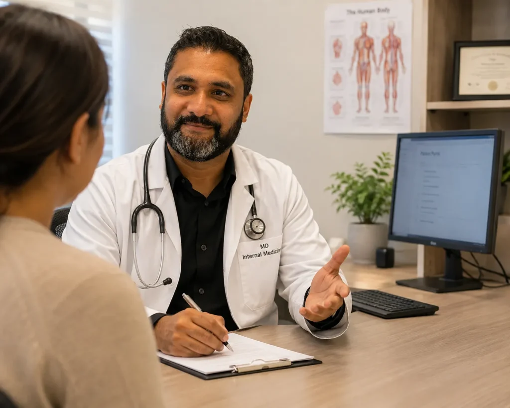 I 693 medical exam doctor Houston consults patient with notes, patient portal, and medical anatomy poster in clinical office.