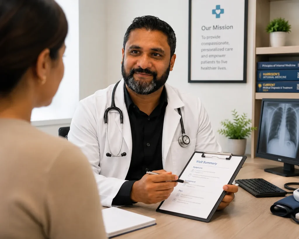I 693 medical exam doctor Houston reviews visit summary with patient, explaining symptoms, assessment, and care plan clearly.